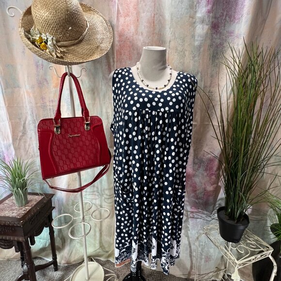 📌bpc Polka Dots Empire Waist Casual Viscose Blend A-Line Dress w/ Patch Pockets - Picture 1 of 13